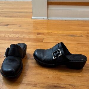 Born Black Leather Slip-On Mules with Silver Buckle